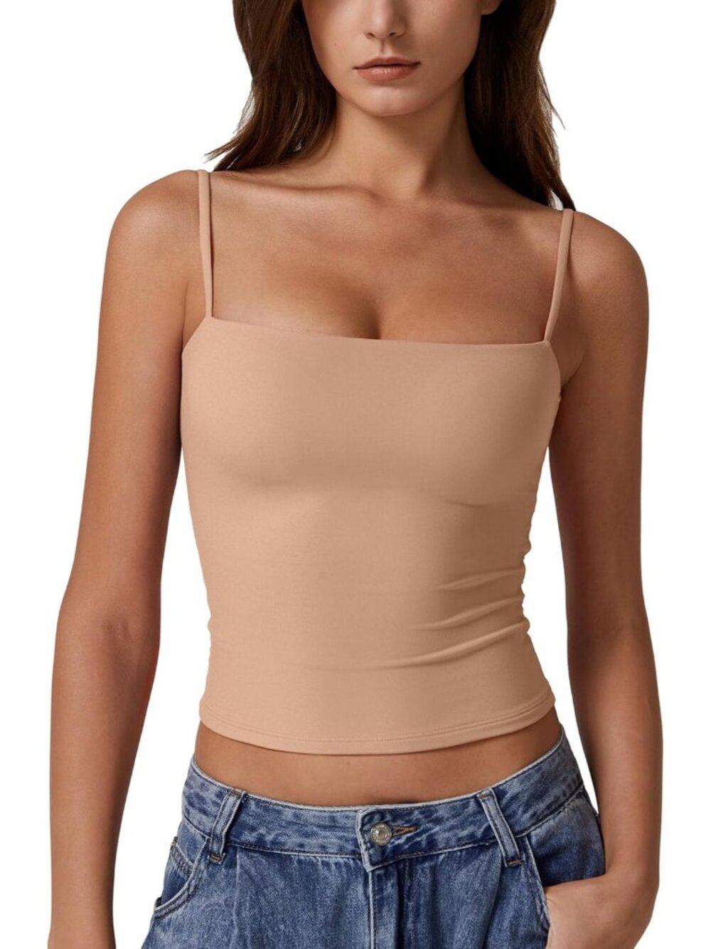 Women's Tan Y2K Double Lined Fitted Camisole Spaghetti Strap Adjustable Top